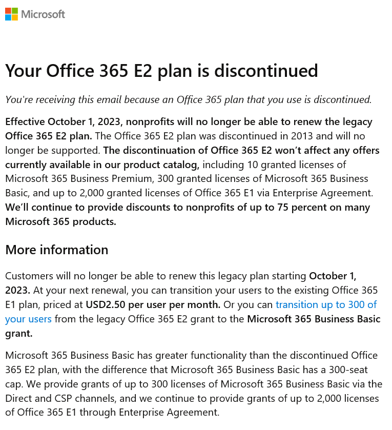 Discontinuation of Office 365 E2 Grant Offer for Nonprofit Organizations